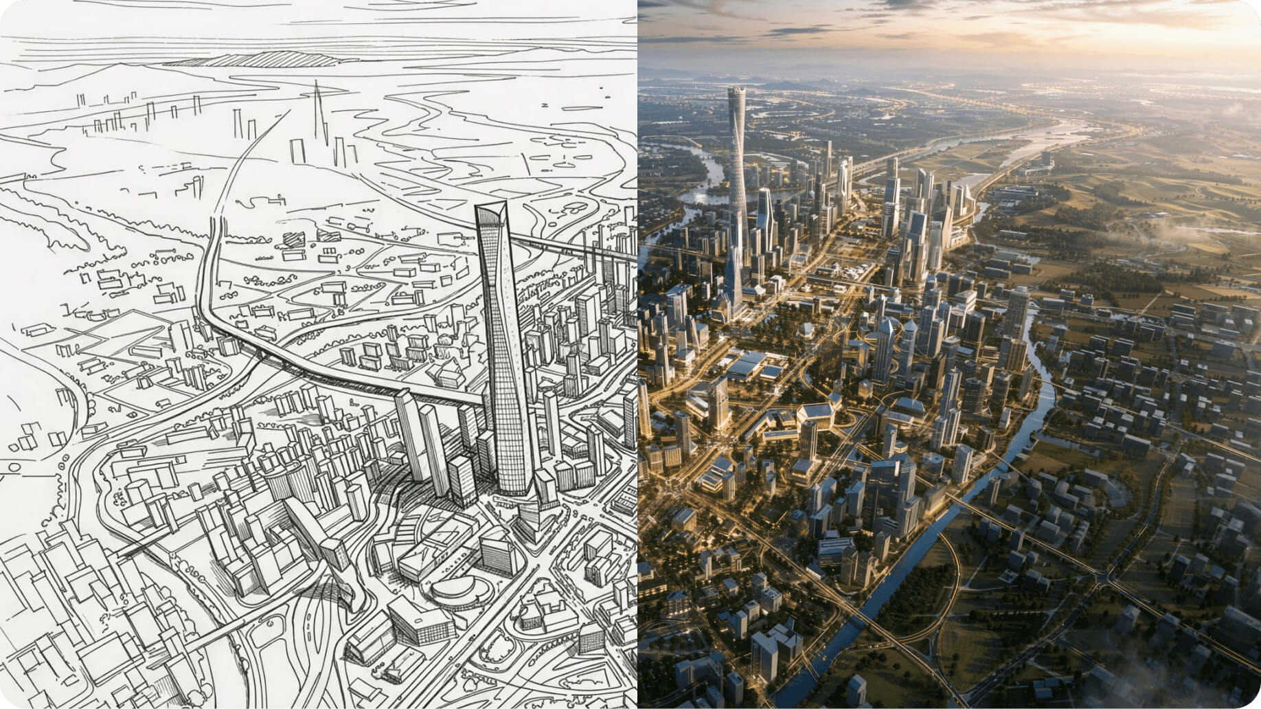 Comparativa: boceto de ciudad y render fotorrealista generado con IA